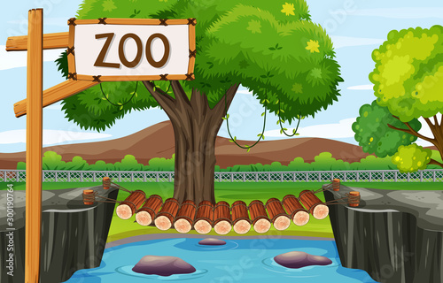 Background scene of zoo with wooden bridge