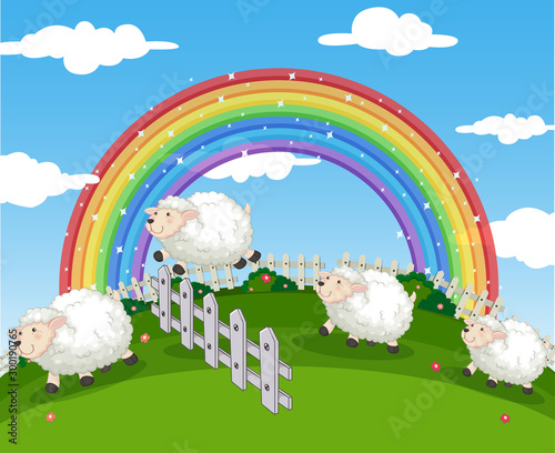 Background scene of farm with sheeps and rainbow