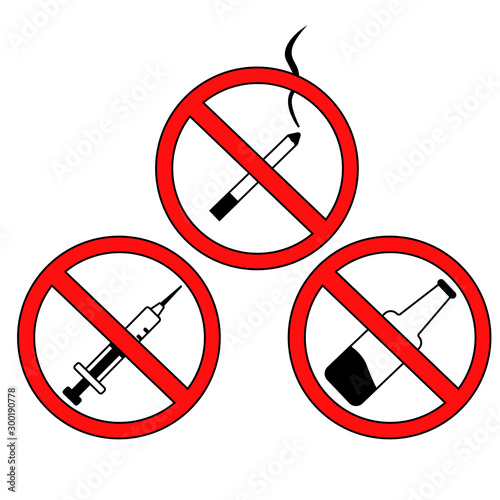 signs of bad habits ban. alcohol, cigarettes and drugs. isolated vector illustration