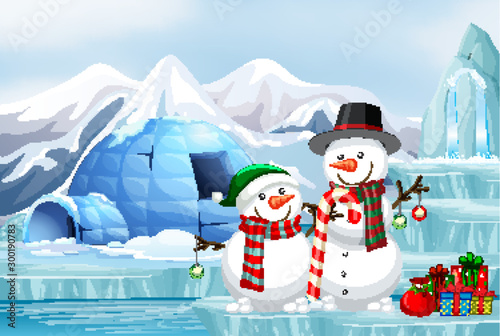 Scene with snowman and igloo