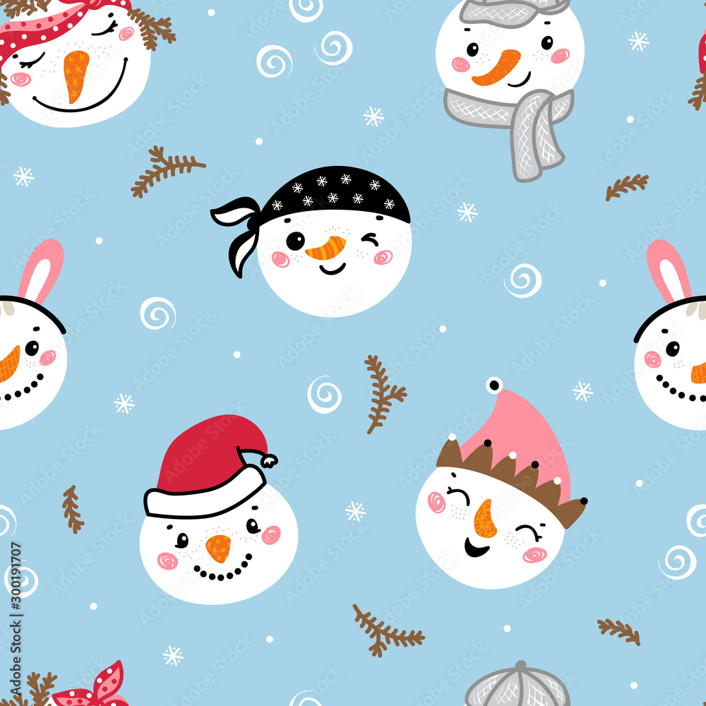 Naklejka premium Seamless Pattern with Cute Snowman Faces. Vector Winter Holiday Background with Cartoon Funny Doodle Snowman Heads. Christmas and New Year Design