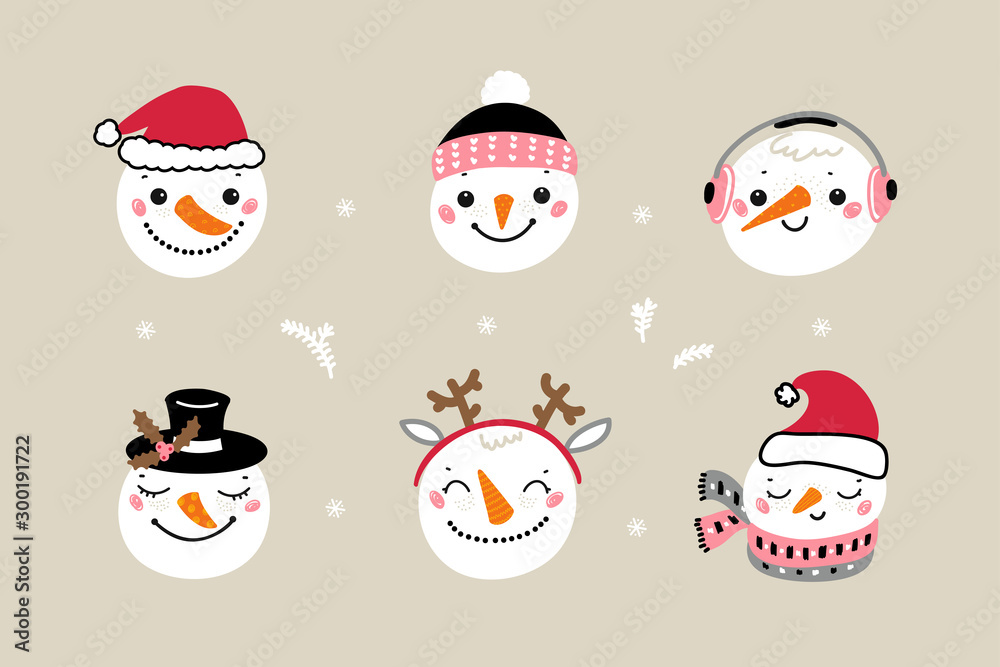 Vector Set of Cute Snowman Faces. Cartoon Funny Doodle Snowman Heads Collection. Winter Holidays, Christmas and New Year Design