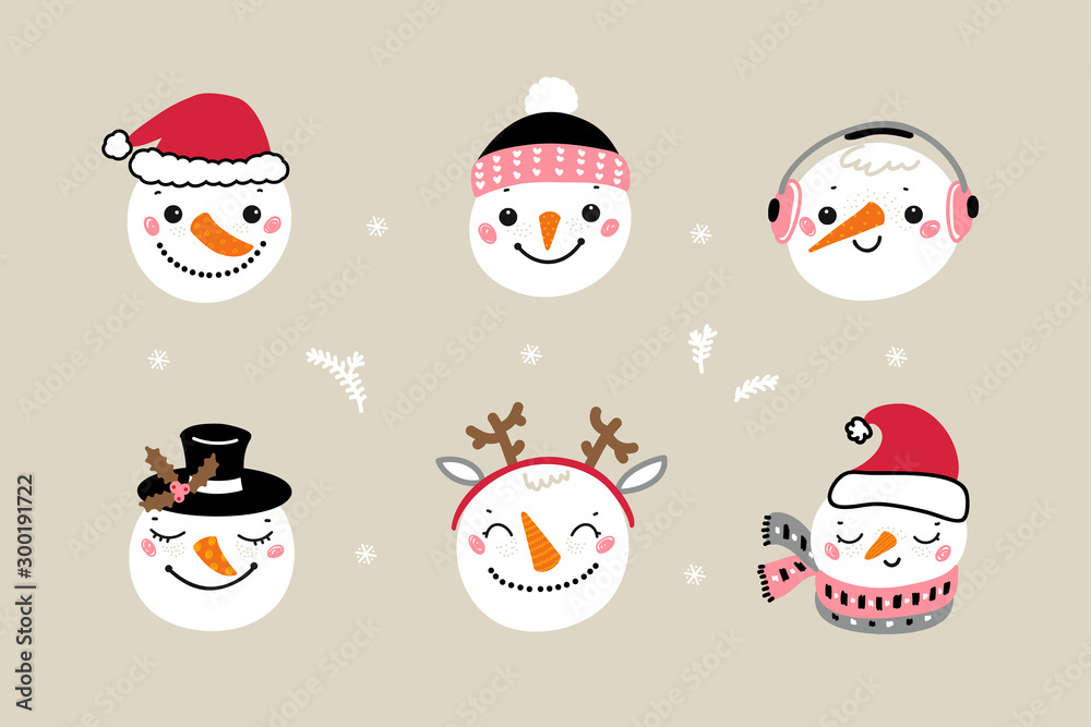 Vector Set of Cute Snowman Faces. Cartoon Funny Doodle Snowman Heads  Collection. Winter Holidays, Christmas and New Year Design Векторный объект  Stock | Adobe Stock