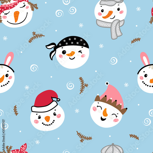 Seamless Pattern with Cute Snowman Faces. Vector Winter Holiday Background with Cartoon Funny Doodle Snowman Heads. Christmas and New Year Design