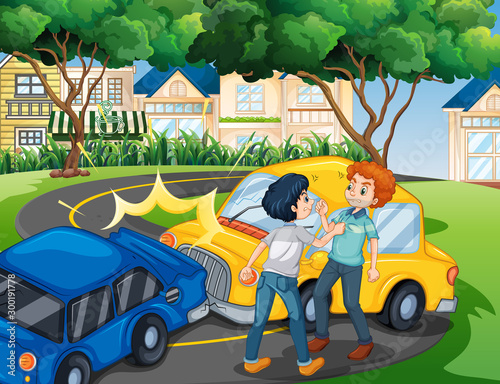 Scene with people fighting over car accident