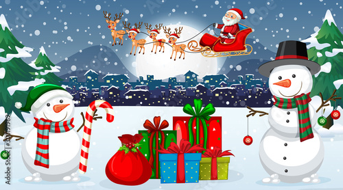 Scene with Santa and snowman on christmas night