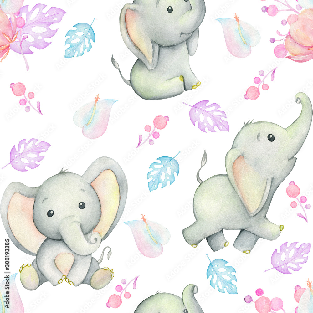Obraz Cute baby elephants, watercolor illustration, surrounded by tropical plants and flowers, on white background, seamless pattern. For children's cards and invitations.