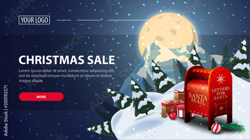 Christmas sale, horizontal discount web banner with starry night. Full blue moon with starry sky and silhouette of the planet