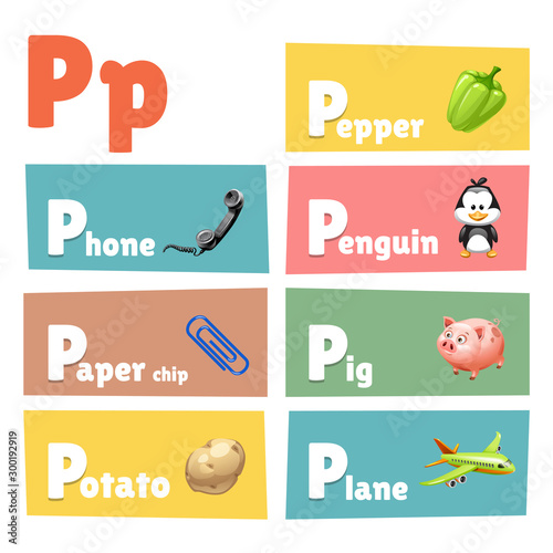 Letter P with pictures and words with P Stock Vector | Adobe Stock