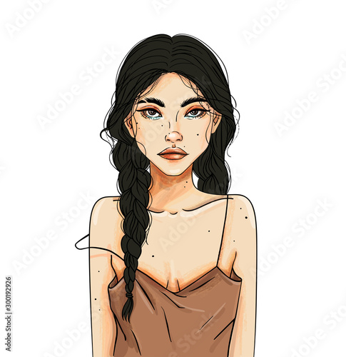 Indian girl with black braids and a mole on the face. Fashion illustration in nude colors. Sexy young woman in a brown top. Sensual lips, big eyes.