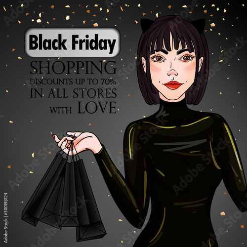 Sexy woman in black latex suit with cat ears hold paper bags. Black friday background, for discounts or sales at stores.