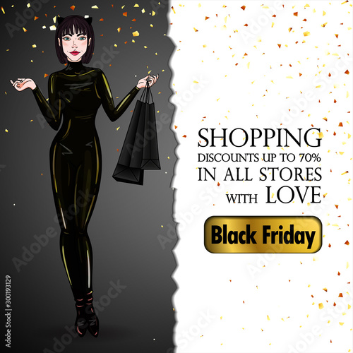 Sexy woman in black latex suit with cat ears hold paper bags. Black friday background, for discounts or sales at stores.