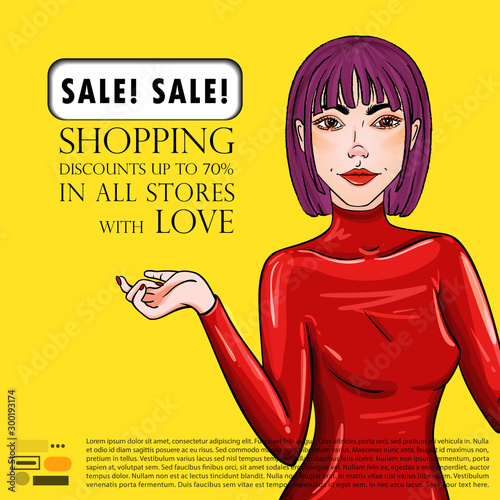Sexy woman in red latex suit hold hand up. Black friday background, for discounts or sales at stores.