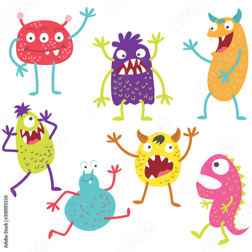 Set of cute silly monsters set with different emotions - happy, smiling, surprised, angry,  anxious and foolish.
