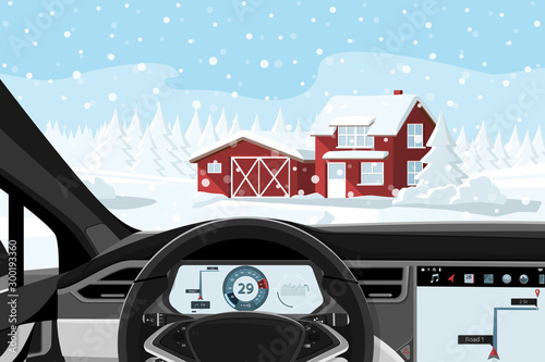 The car is driven on a winter road	