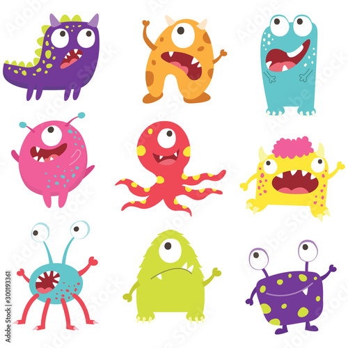 Set of cute litter monsters with different emotions - happy, smiling, surprised, angry,  anxious and foolish.