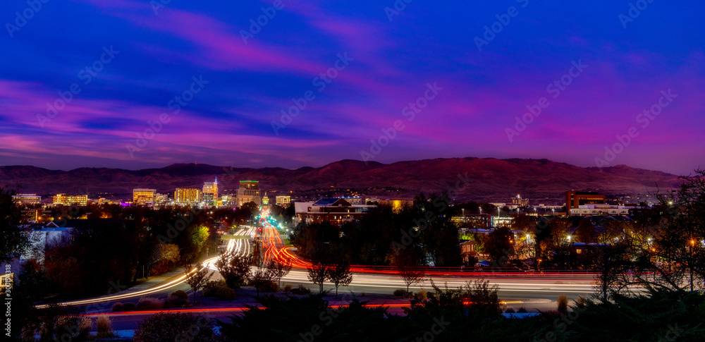 Streaking car lights down Capital Boulevard Boise Idaho