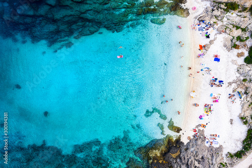 Aerial view on the beach and azure sea. Beach and sea from air. Place for resting. Summer seascape from drone. Croatia landscape. Travel - image