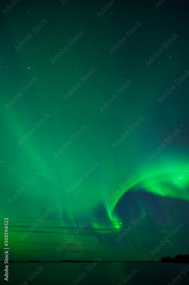 Naklejka premium Stars and Aurora Borealis above lake