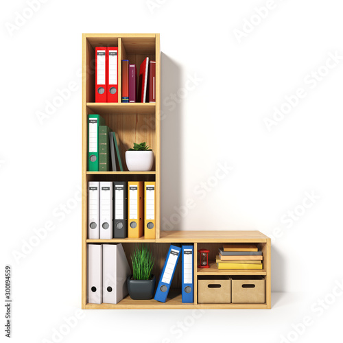 Letter L. Alphabet in the form of shelves with file folder, binders and books isolated on white. Archival, stacks of documents at the office or library.