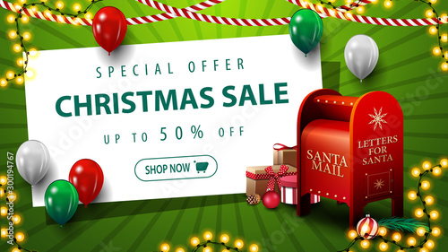 Special offer, Christmas sale, up to 50% off, green discount banner with balloons, garland, white paper sheet and Santa letterbox with presents
