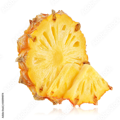 Three slices of ripe yellow pineapple isolated on white