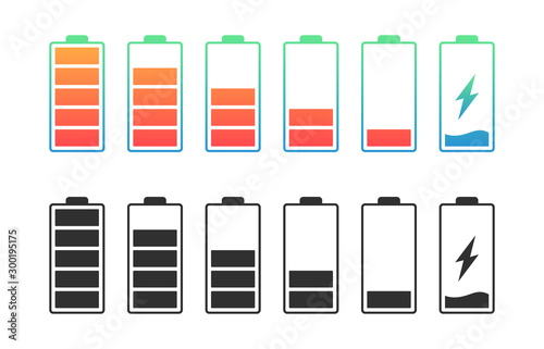 Set battery with different level of charge. Car battery indicator, battery charge signs. Wireless charging energy sign. Vector graphic design
