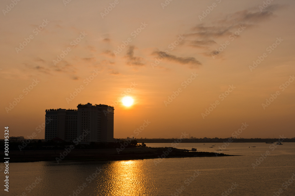 Sunrise at Phnom Penh Skyline by Mekong River, Cambodia, Asia