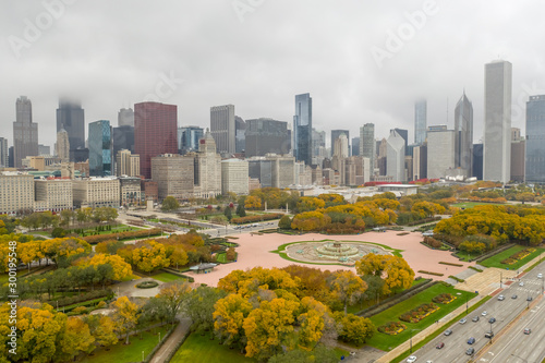 Chicago downtown buildings skyline fall foliage aerial drone