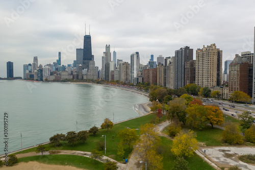 Chicago downtown buildings skyline fall foliage aerial drone