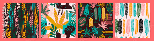 Abstract seamless patterns with tropical leaves. Hand draw texture