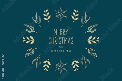 Merry Christmas modern elegant card with frame banner greetings and golden fir pine branches on green background