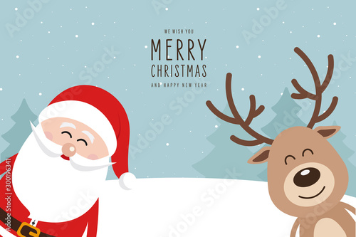 Santa and reindeer cute cartoon with greeting winter landscape background. Christmas card