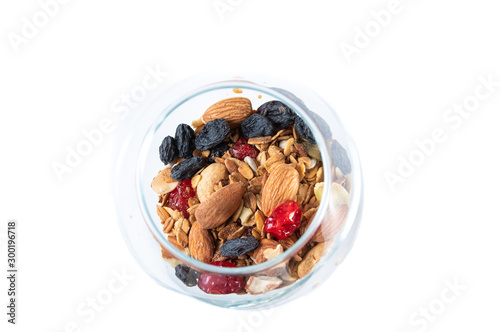 Mix of dried fruits and nuts. Mix of nuts in a glass.