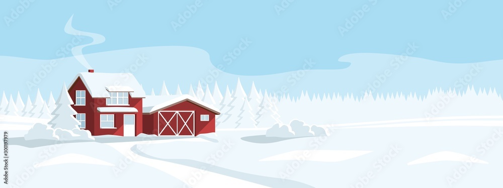 Red house in a snowy forest. Winter wonderland. Vector banner template