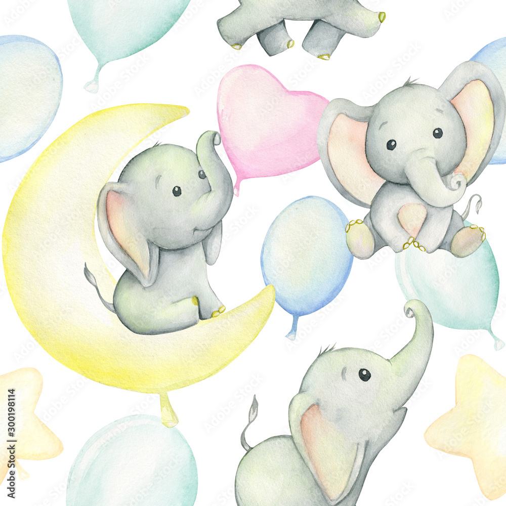 Cute baby elephants surrounded by balloons, watercolor drawing, on ...