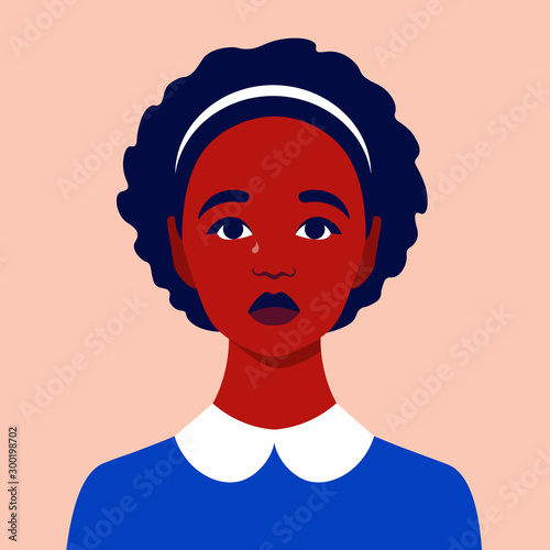 Portrait of a sad girl. Schoolgirl avatar. Face of an African child. An orphan. Vector flat illustration