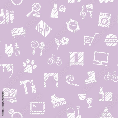 Shops, seamless pattern, monochrome, hatching, lilac, vector. Different product categories. Imitation of pencil hatching. White icons on a lilac field. 