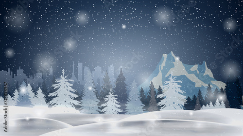 Cartoon winter landscape with pine forest, drifts, mountain and city on horizont. Night winter landscape with snowfall