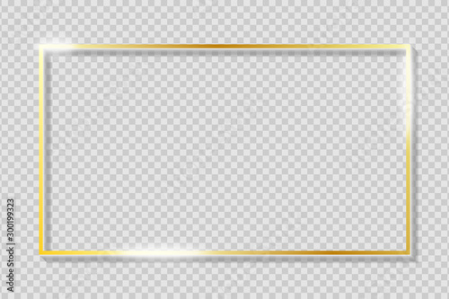 Golden frame on transparent background with shadow. Gold rectangle border with glow shine and light effect. Vector illustration.