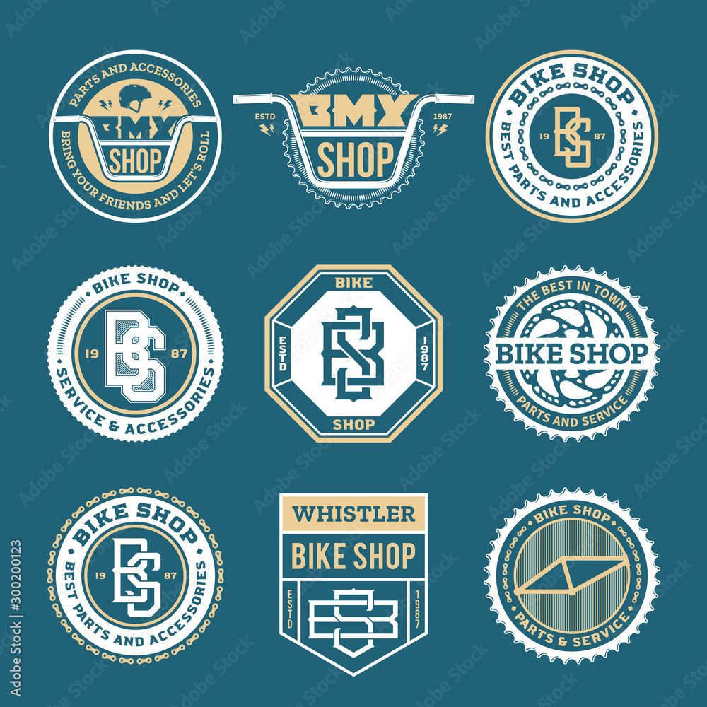 Obraz premium Vector bike shop, bicycle part and service logo