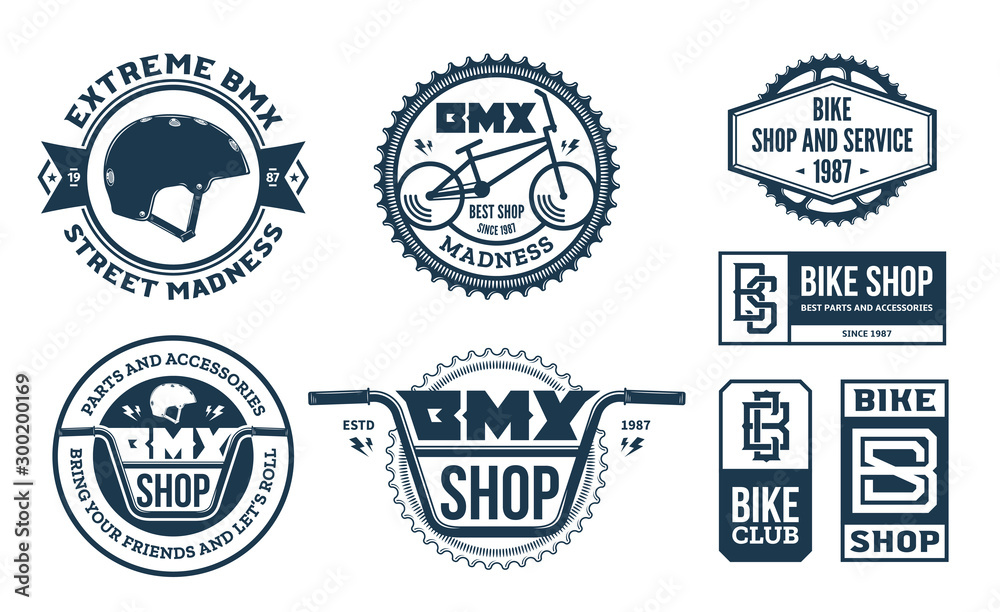 Set of vector bmx bike shop, bicycle part and service logo, badges and icons