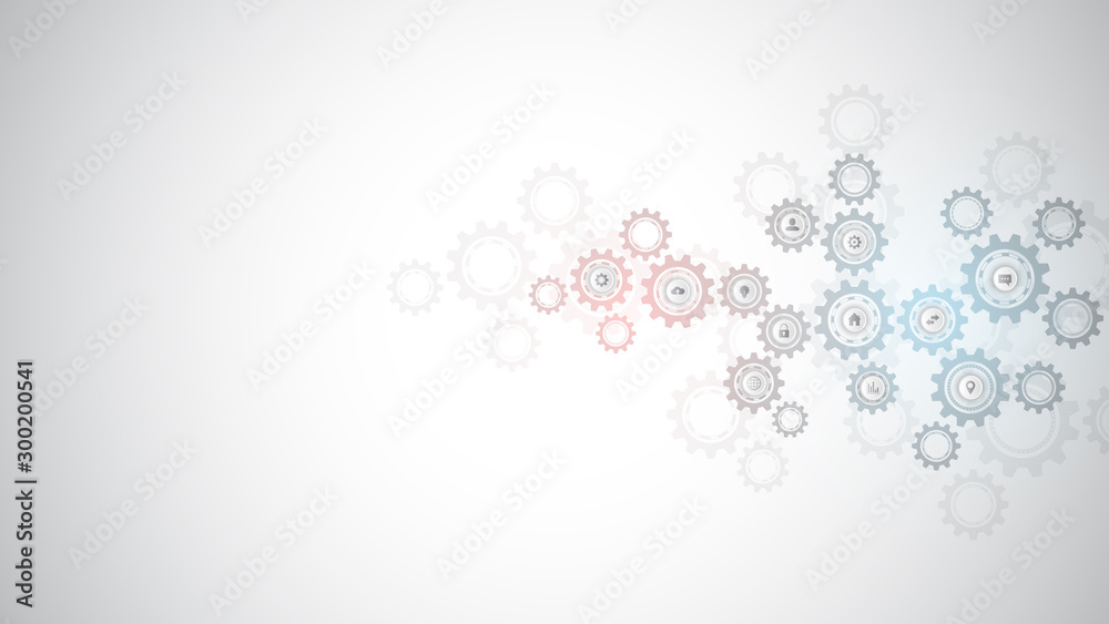 Information technology with infographic elements and flat icons. Cogs and gear wheel mechanisms. Hi-tech digital technology and engineering. Abstract technical background. Information technology with infographic elements and flat icons. Cogs and gear wheel mechanisms. Hi-tech digital technology and engineering. Abstract technical background.