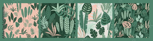 Abstract seamless patterns with tropical leaves. Hand draw texture.