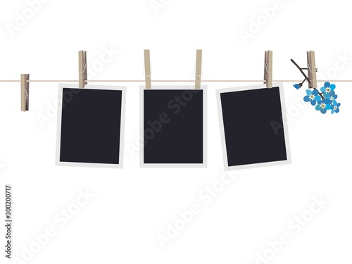 Blank photo frames set hanging on clothespins. Composition of blank photo frames and forget-me-not. Modern flat design banner. Vector EPS 10