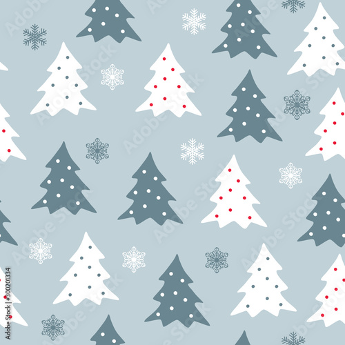 Winter seamless pattern with white and grey varied christmas trees and snowflakes. Graphic design element for wrapping paper, prints, scrapbooking, simple cartoon EPS10 vector.