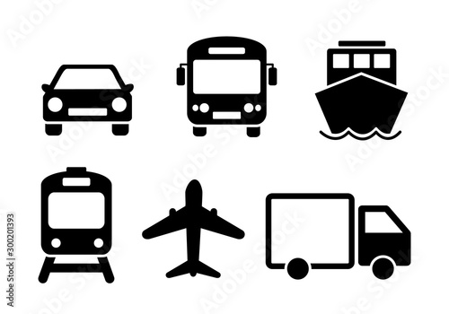 Means of transport icon set. Black solid flat travel modes web icons of car, train, ship, airplane and bus. EPS 10 vector