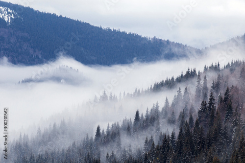 Beautiful rising fog in winter mountain landscape.