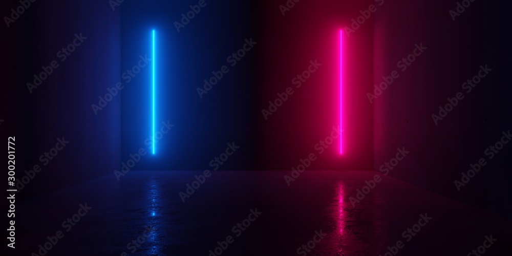 Abstract blue and red glowing neon light tubes in empty concrete room with shiny reflective floor Abstract blue and red glowing neon light tubes in empty concrete room with shiny reflective floor