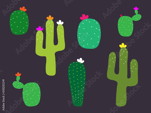 Mexican cactus flower collection. Cactus pattern on black background. Flat icons of cactuses. Vector EPS 10